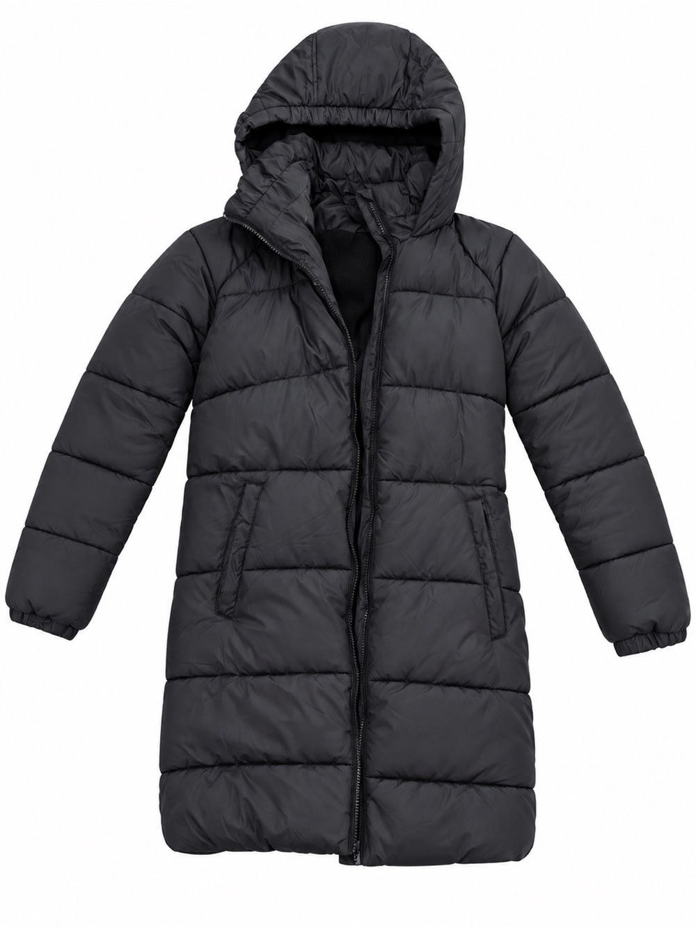Kids Long Hooded Puffer Coat in Black